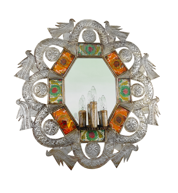 Laboratory of Anthropology lounge wall sconce. Terneplate,
reverse-painted glass, mirror. 28 × 25 inches. Photograph by Justin
Gallegos-Mayrant.