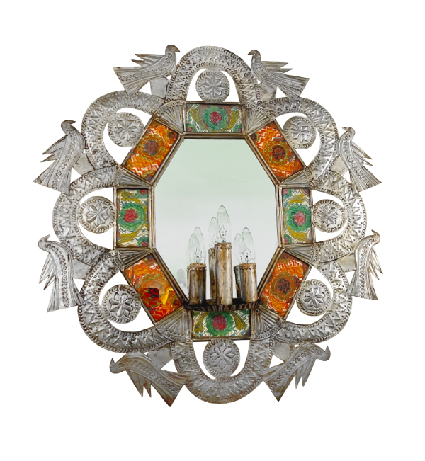 Laboratory of Anthropology lounge wall sconce. Terneplate, reverse-painted glass, mirror. 28 × 25 inches. Photograph by Justin Gallegos-Mayrant.