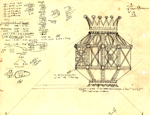 Working drawing for pendant fixture with
calculations for materials and production time in order to
determine accurate retail price, ca. 1935–1950.
Private collection. Photograph