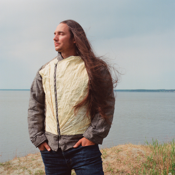 Joel Isaak (Dena’ina), Halibut Skin Moto Jacket, 2013, Soldotna, Alaska. Halibut skin, linen. Modeled by the artist. Photo © Brian Adams.