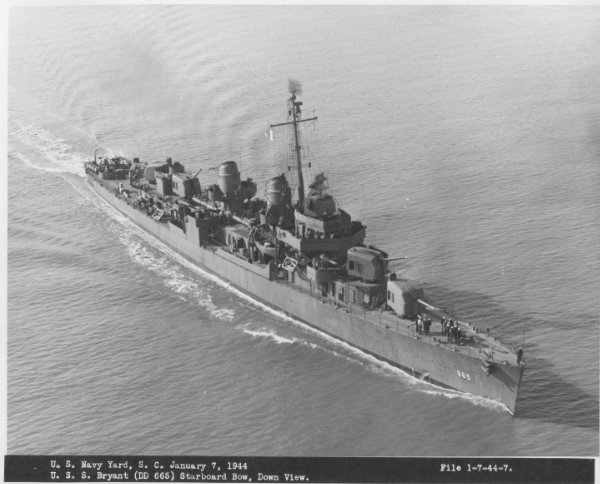 The USS Bryant, on which Dominic was stationed, photographed in South Carolina on January 7, 1944. Images courtesy of Patriots
Point Naval and Maritime Museum, Mt. Pleasant, South Carolina.