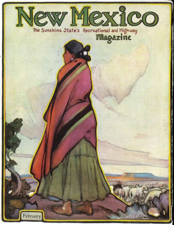 In the thirties and forties, Tom Lea’s Winter in New Mexico painting of two cowboys appeared four times, and Gerald Cassidy’s The Navajo Shepherdess and Her Flock painting reached readers seven times. Images courtesy New Mexico Magazine.