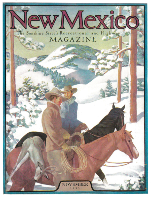 In the thirties and forties, Tom Lea’s Winter in New Mexico
painting of two cowboys appeared four times, and Gerald Cassidy’s The
Navajo Shepherdess and Her Flock painting reached readers seven times.
Images courtesy New Mexico Magazine.