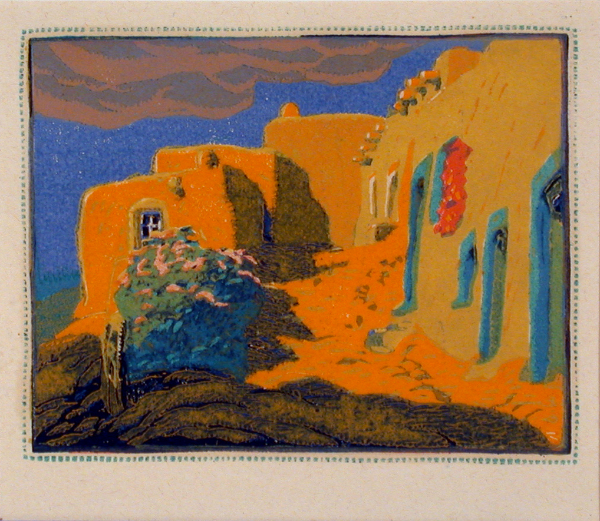 Gustave Baumann, Old Santa Fe (Progressive Proofs), 1952, color woodcut, 6 x 7 9⁄16 in. Collection of the New Mexico Museum of Art. Museum purchase with funds raised by the School of American Research, 1952 (982a-n.23G). © New Mexico Museum of Art. Photo by Blair Clark.