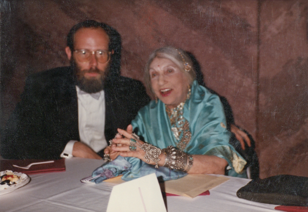 Dillingham and Beatrice Wood seated at banquet table of the Dada Ball on the occasion of Wood's ninetieth birthday. The Dada Ball was held at California State College at Fullerton, March 3, 1983, where Wood, a longtime friend of Marcel Duchamp, was guest of honor. New Mexico Museum of Art Archives, Rick Dillingham Collection.