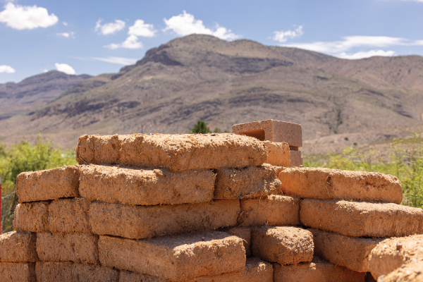 Adobe bricks ready for use in Fort Selden preservation projects. The Robledo Mountains can be seen behind. Photograph by Tira Howard.