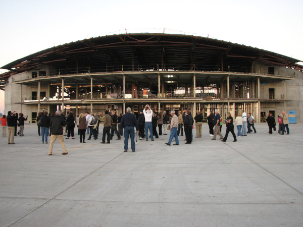 In late 2010, the New Mexico Economic Development Department, under the
leadership of then Executive Director Rick Homans, invited educators, media,
and other interested parties to see the progress of construction at Spaceport
America. Photograph courtesy of New Mexico Museum of Space History, neg.
no. 10.7.10 041.