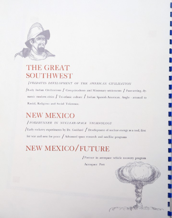 An interior page in former New Mexico governor Jack Campbell’s 1963
proposal to U.S. president Jack Kennedy outlining the reasons White Sands
Missile Range would make a good site for a spaceport. Photograph courtesy of
New Mexico Museum of Space History.