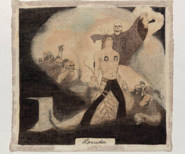 Unidentified Artist, Locuda (date unknown), ink on handkerchief, 12 ¼ × 12 ¾ in. National Hispanic Cultural Center Art Museum Permanent Collection, 2019.30.42. Photo by Addison Doty.